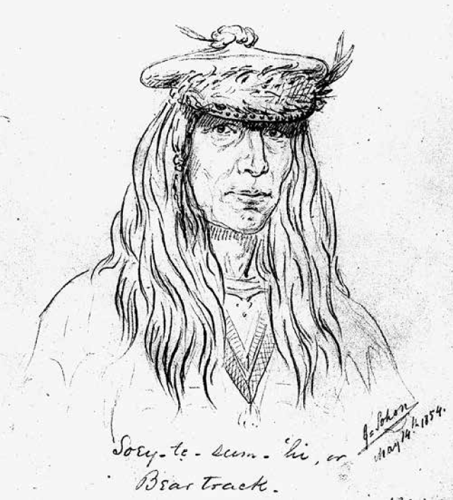 Black and white sketch portrait of a man in 3/4 profile with long hair and a cap.
